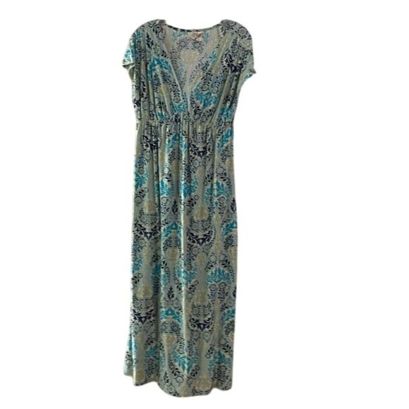 Ambrielle Blue-Green Floral Maxi Dress Womens Size Medium Pullover Cap Sleeve - Picture 1 of 10